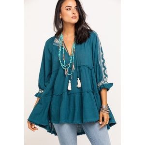 Free People Women's Blue Dreamweaver Embroidered Tunic, Medium
